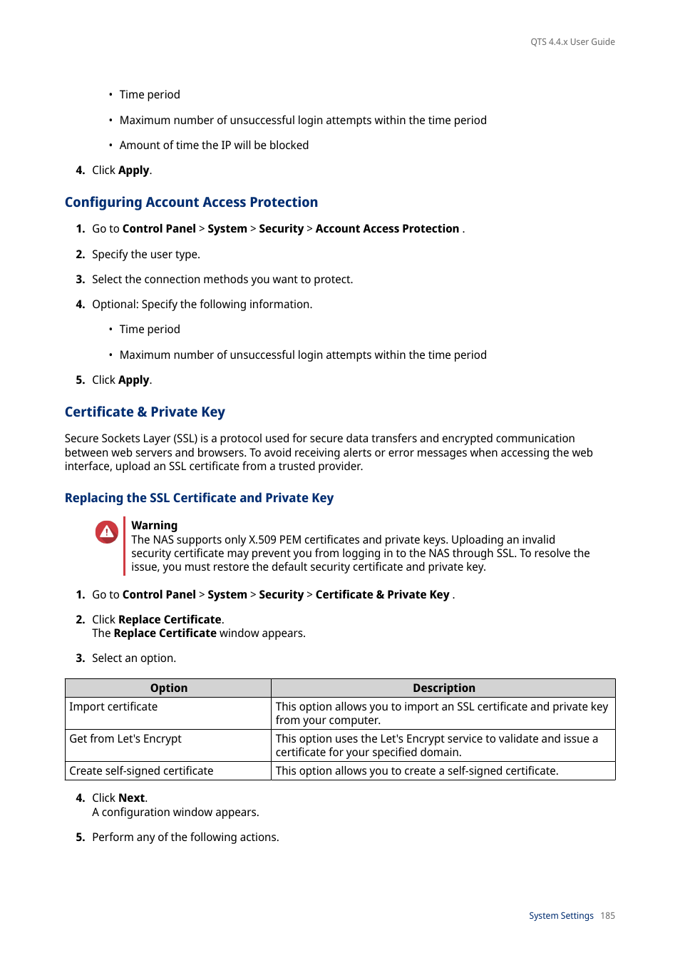 Configuring account access protection, Certificate & private key, Replacing the ssl certificate and private key | QNAP TVS-472XT 4-Bay NAS Enclosure User Manual | Page 186 / 468