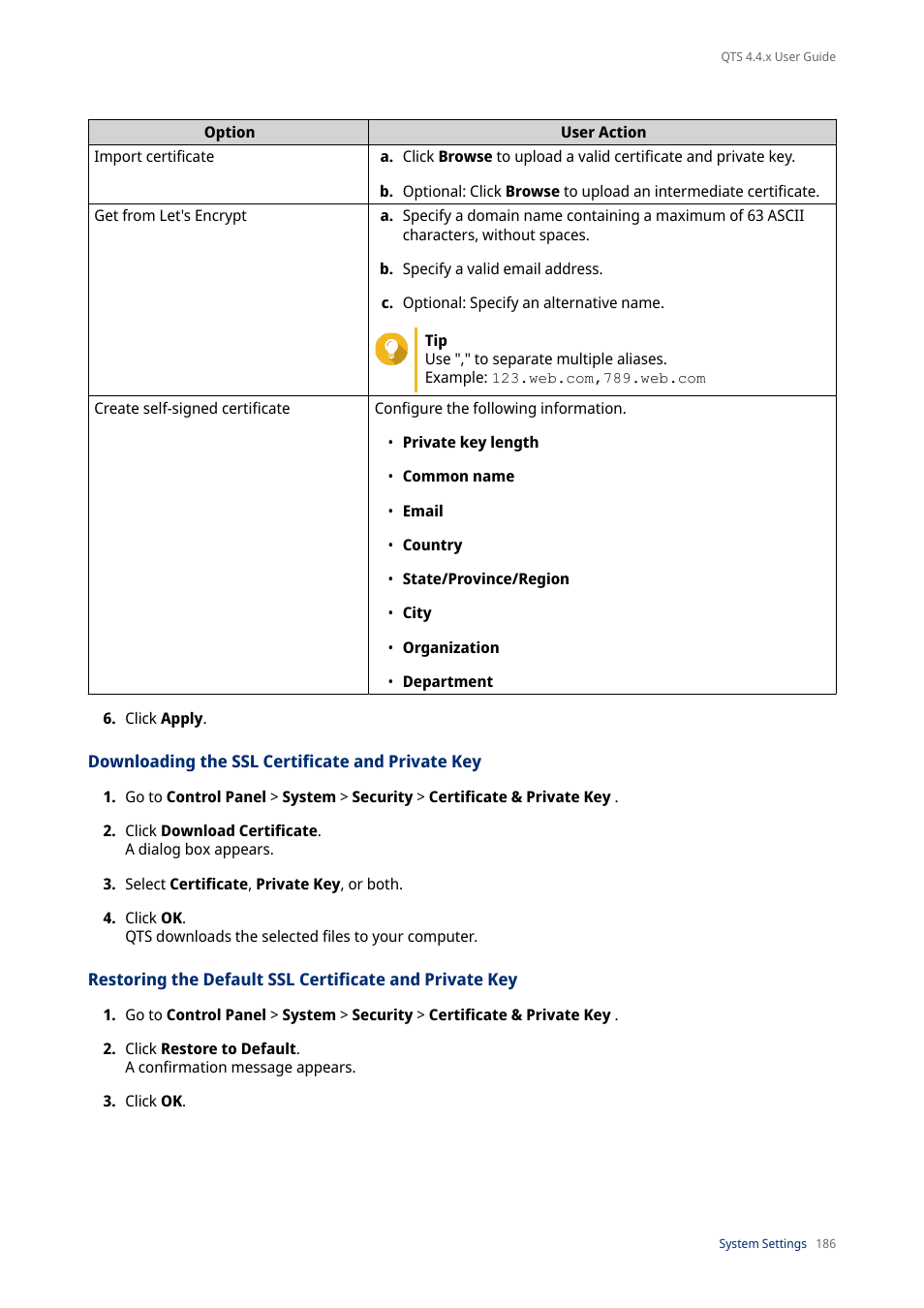 Downloading the ssl certificate and private key | QNAP TVS-472XT 4-Bay NAS Enclosure User Manual | Page 187 / 468