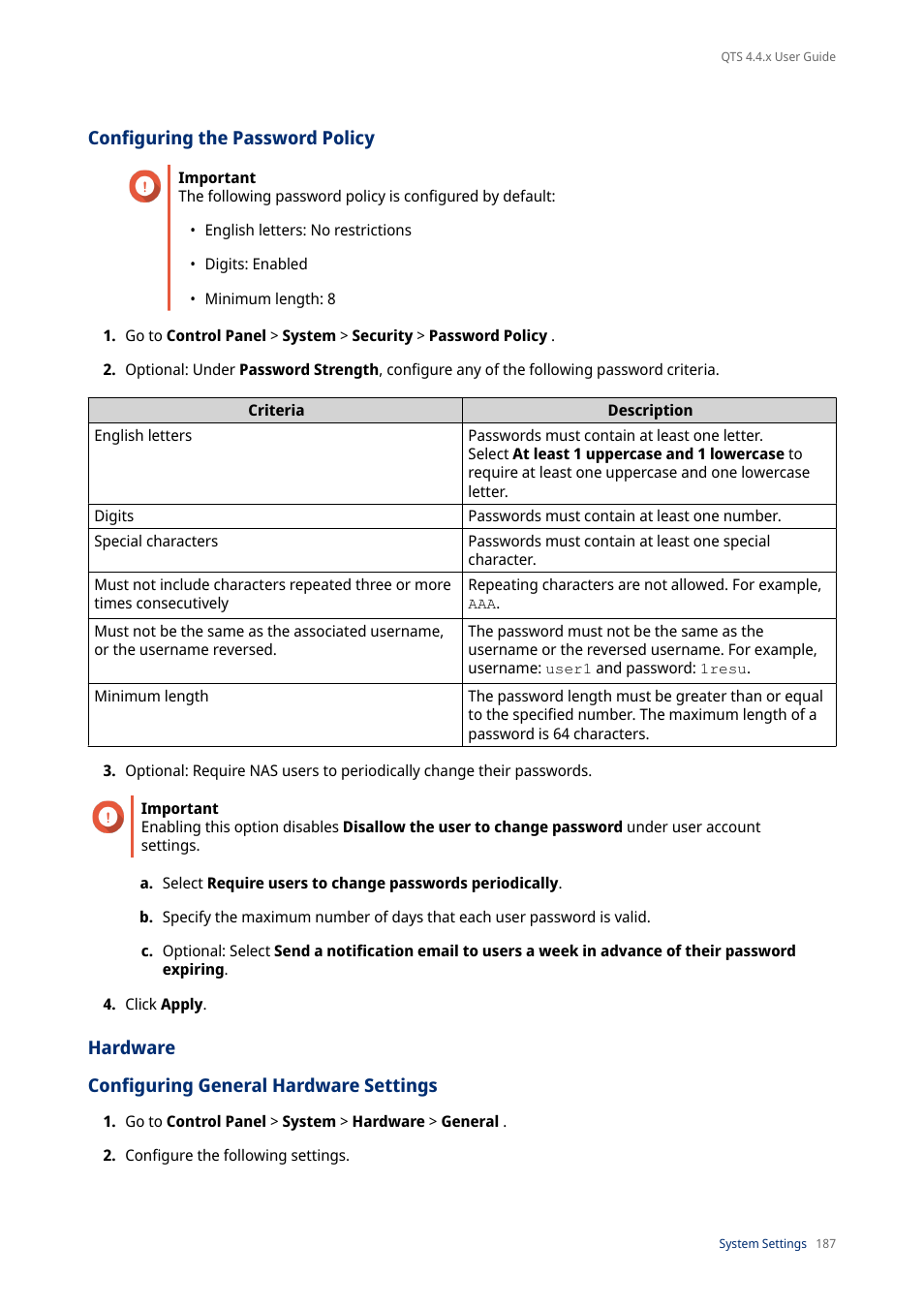 Configuring the password policy, Hardware, Configuring general hardware settings | QNAP TVS-472XT 4-Bay NAS Enclosure User Manual | Page 188 / 468