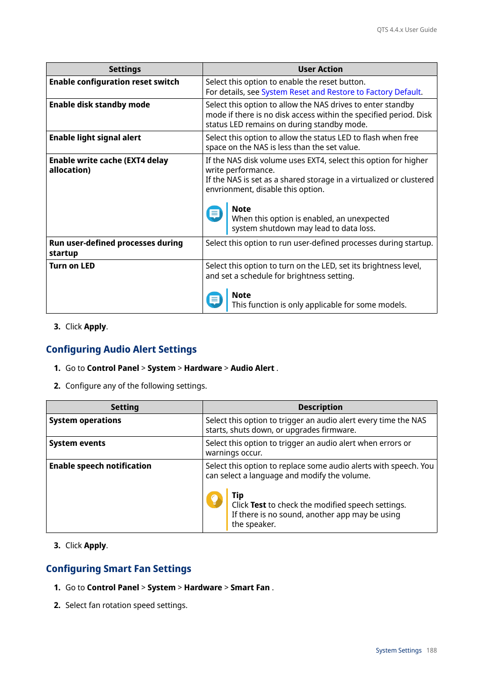 Configuring audio alert settings, Configuring smart fan settings | QNAP TVS-472XT 4-Bay NAS Enclosure User Manual | Page 189 / 468