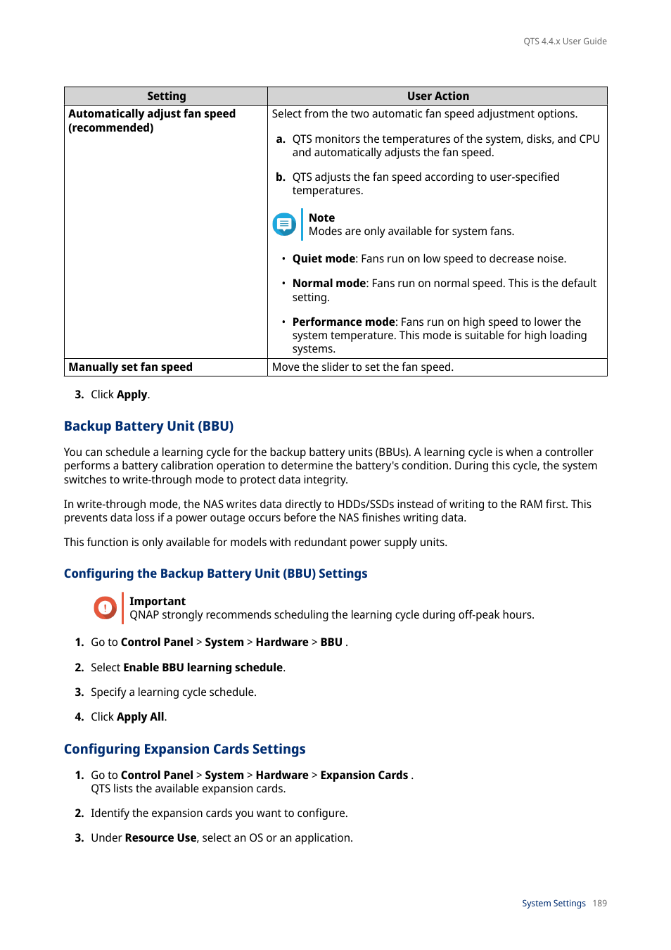 Backup battery unit (bbu), Configuring the backup battery unit (bbu) settings, Configuring expansion cards settings | QNAP TVS-472XT 4-Bay NAS Enclosure User Manual | Page 190 / 468