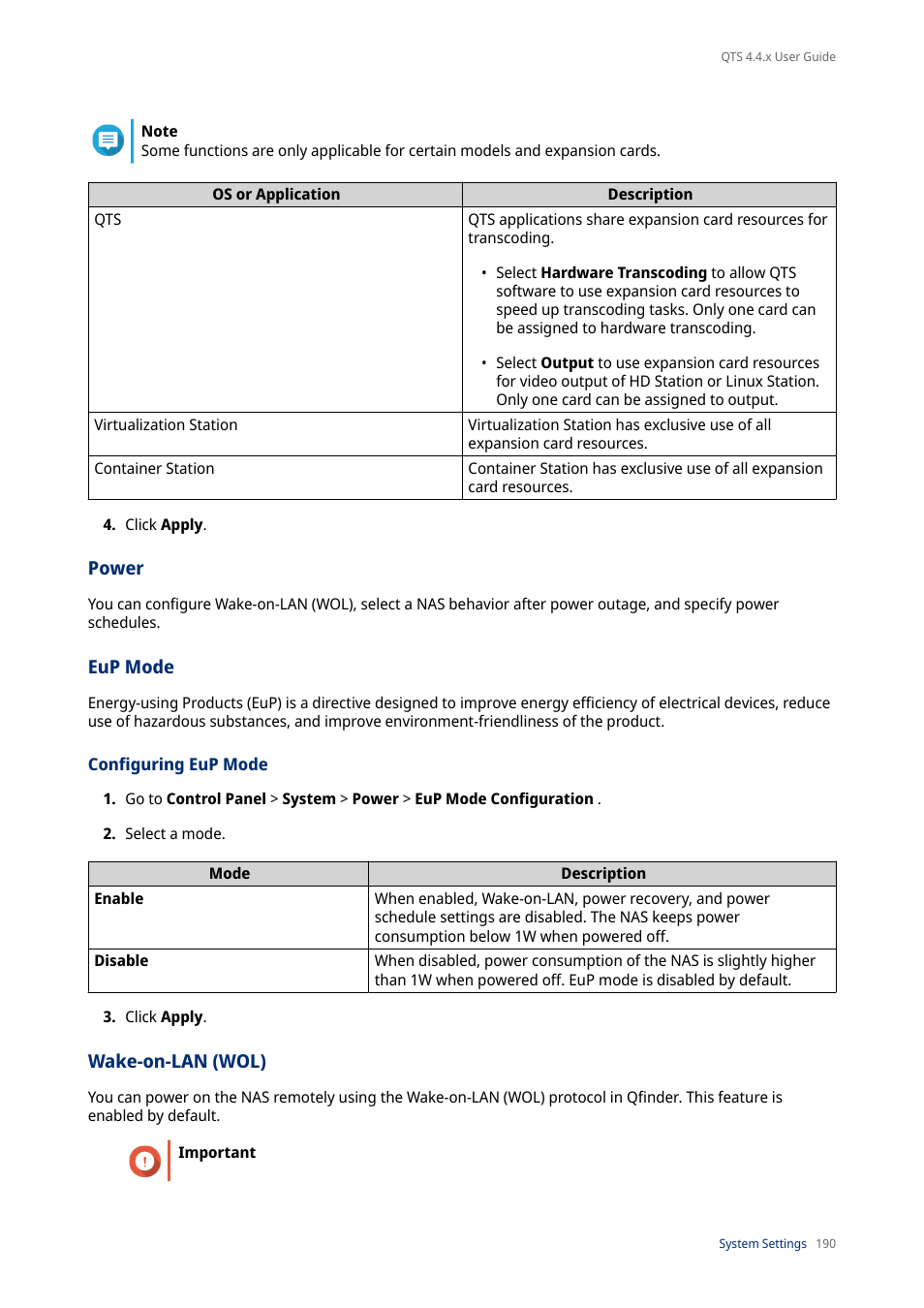 Power, Eup mode, Configuring eup mode | Wake-on-lan (wol) | QNAP TVS-472XT 4-Bay NAS Enclosure User Manual | Page 191 / 468