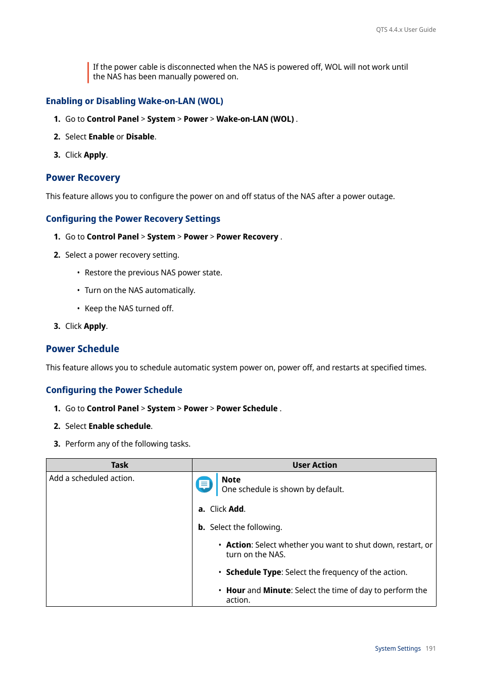 Enabling or disabling wake-on-lan (wol), Power recovery, Configuring the power recovery settings | Power schedule, Configuring the power schedule | QNAP TVS-472XT 4-Bay NAS Enclosure User Manual | Page 192 / 468