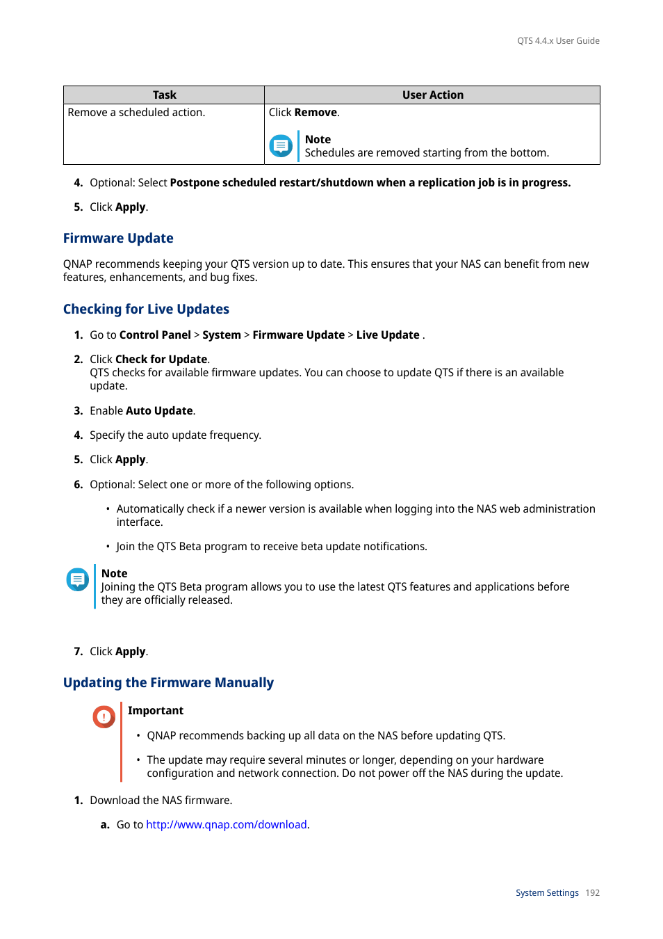 Firmware update, Checking for live updates, Updating the firmware manually | QNAP TVS-472XT 4-Bay NAS Enclosure User Manual | Page 193 / 468