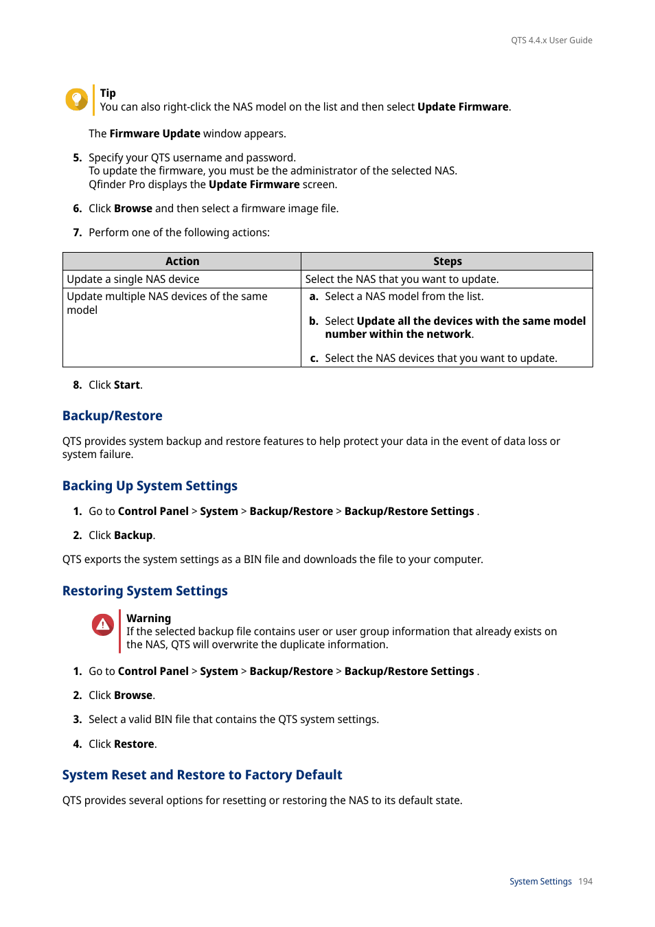 Backup/restore, Backing up system settings, Restoring system settings | System reset and restore to factory default, D, see, Backup, Restore | QNAP TVS-472XT 4-Bay NAS Enclosure User Manual | Page 195 / 468