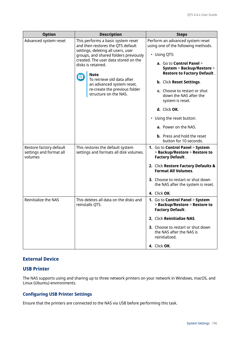 External device, Usb printer, Configuring usb printer settings | QNAP TVS-472XT 4-Bay NAS Enclosure User Manual | Page 197 / 468