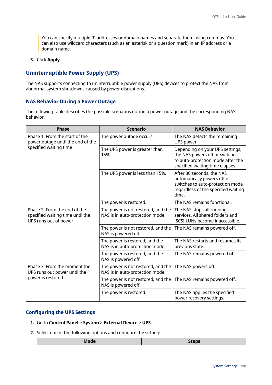 Uninterruptible power supply (ups), Nas behavior during a power outage, Configuring the ups settings | QNAP TVS-472XT 4-Bay NAS Enclosure User Manual | Page 199 / 468