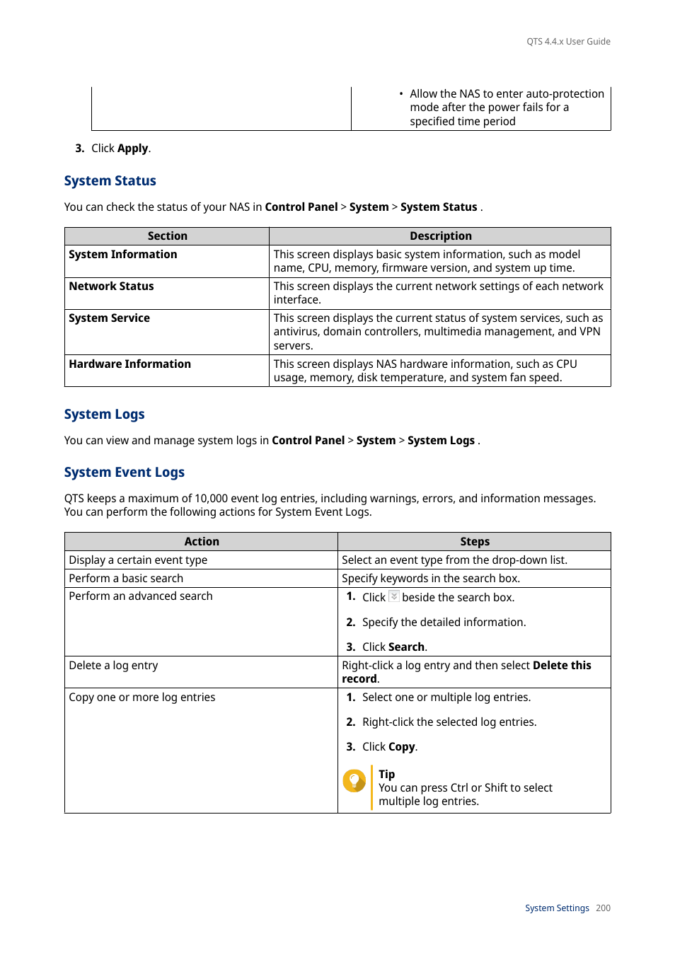 System status, System logs, System event logs | QNAP TVS-472XT 4-Bay NAS Enclosure User Manual | Page 201 / 468