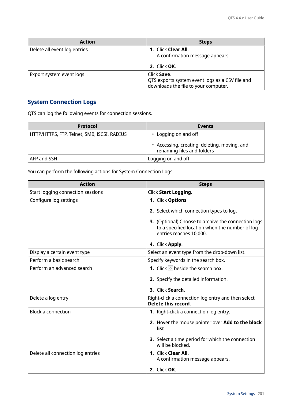 System connection logs | QNAP TVS-472XT 4-Bay NAS Enclosure User Manual | Page 202 / 468