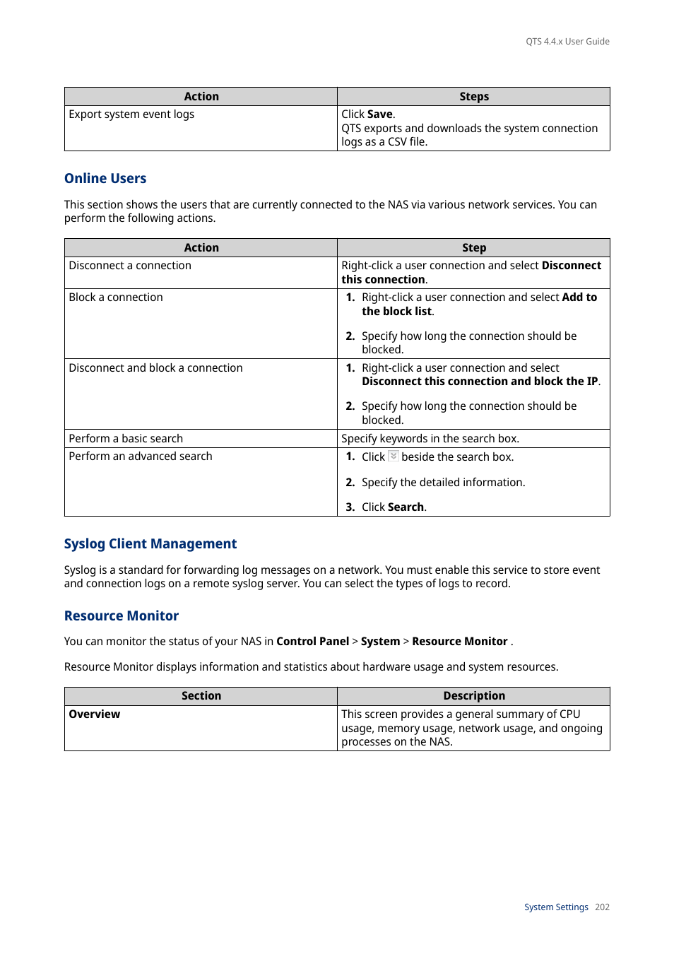 Online users, Syslog client management, Resource monitor | QNAP TVS-472XT 4-Bay NAS Enclosure User Manual | Page 203 / 468