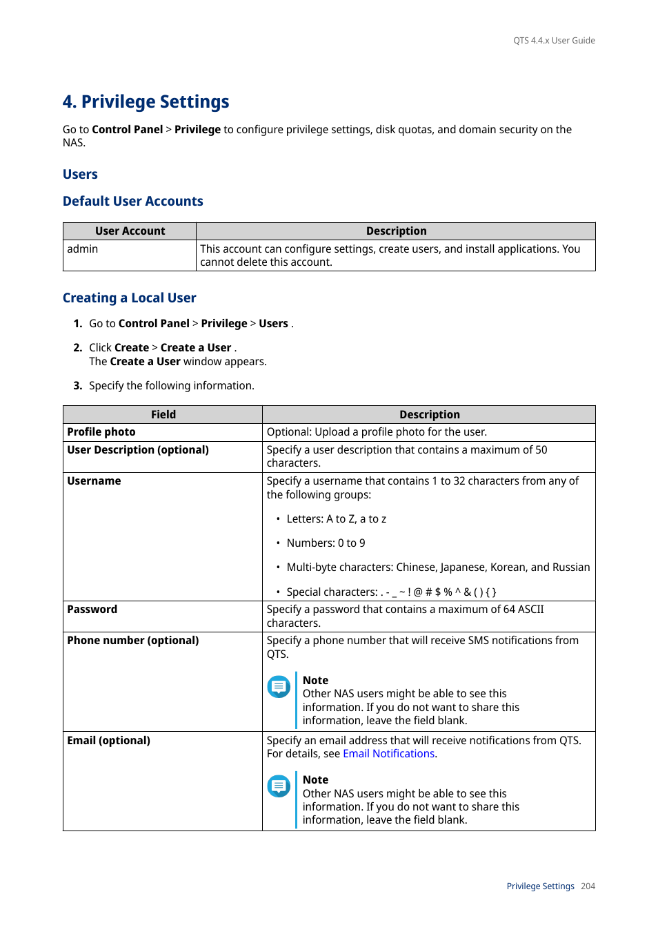 Privilege settings, Users, Default user accounts | Creating a local user | QNAP TVS-472XT 4-Bay NAS Enclosure User Manual | Page 205 / 468