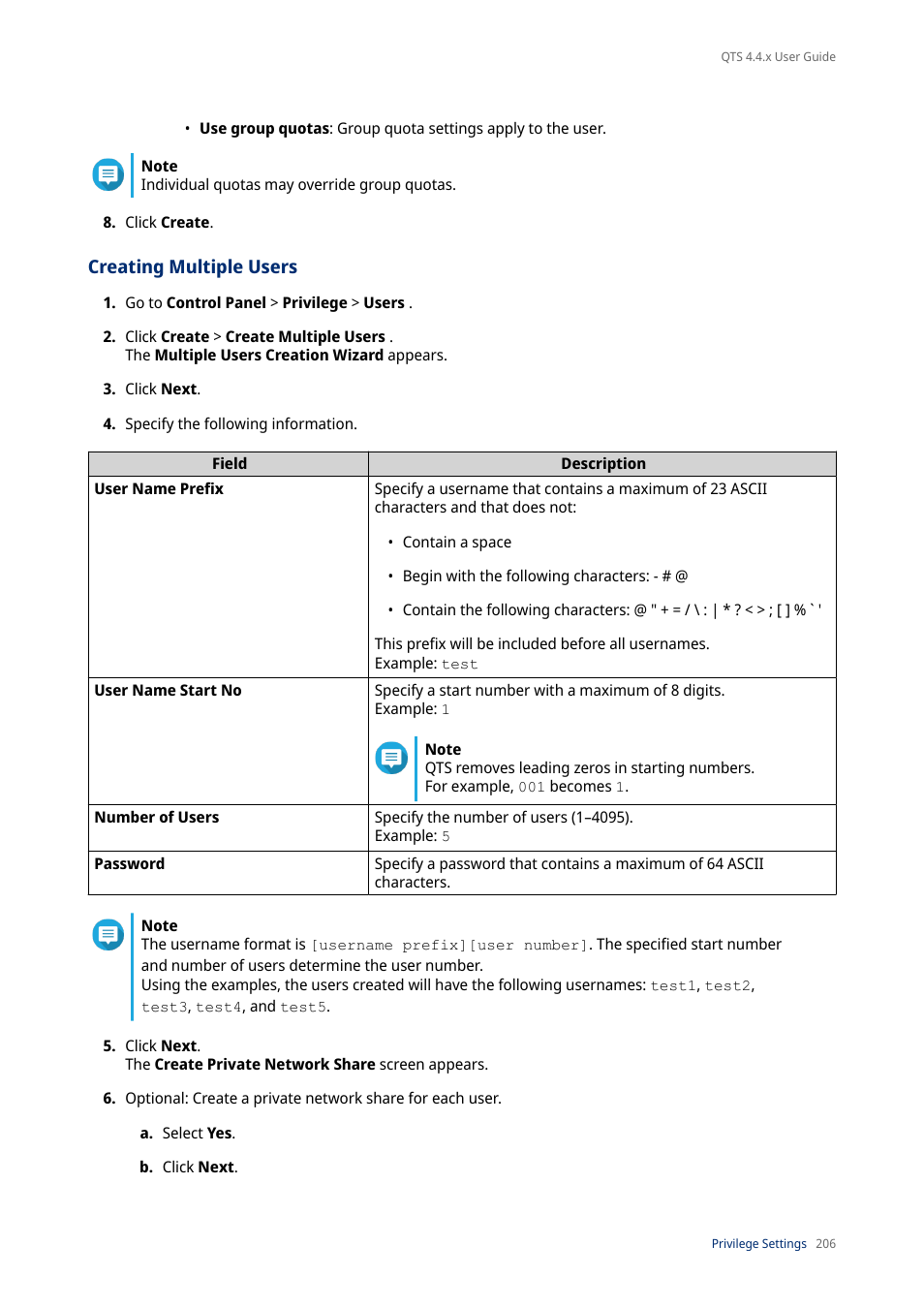 Creating multiple users | QNAP TVS-472XT 4-Bay NAS Enclosure User Manual | Page 207 / 468
