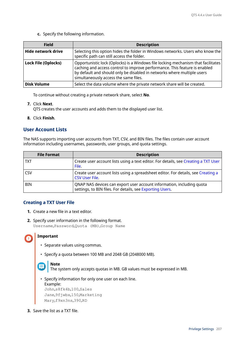 User account lists, Creating a txt user file | QNAP TVS-472XT 4-Bay NAS Enclosure User Manual | Page 208 / 468