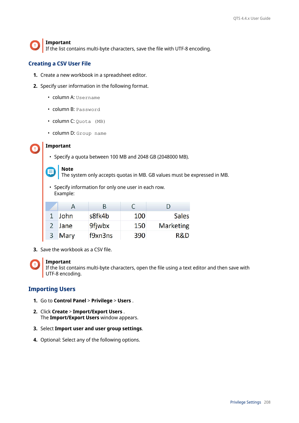 Creating a csv user file, Importing users, Creating a | Csv user file | QNAP TVS-472XT 4-Bay NAS Enclosure User Manual | Page 209 / 468