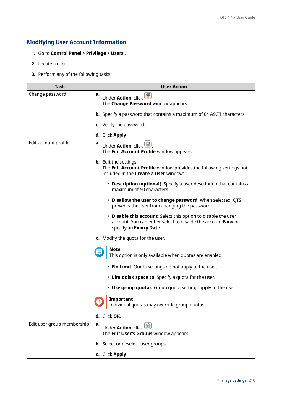 Modifying user account information | QNAP TVS-472XT 4-Bay NAS Enclosure User Manual | Page 211 / 468