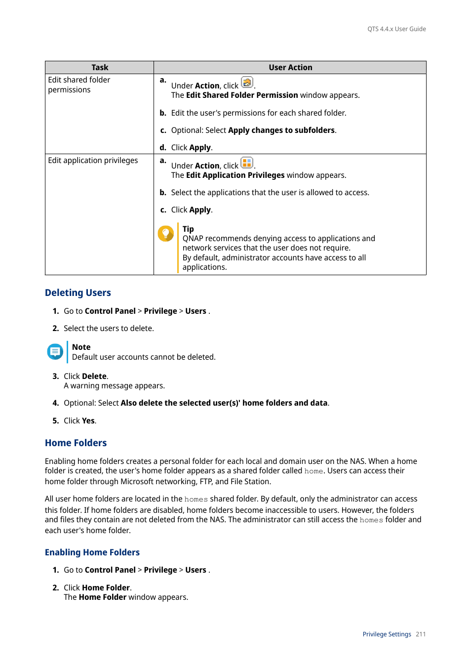 Deleting users, Home folders, Enabling home folders | QNAP TVS-472XT 4-Bay NAS Enclosure User Manual | Page 212 / 468
