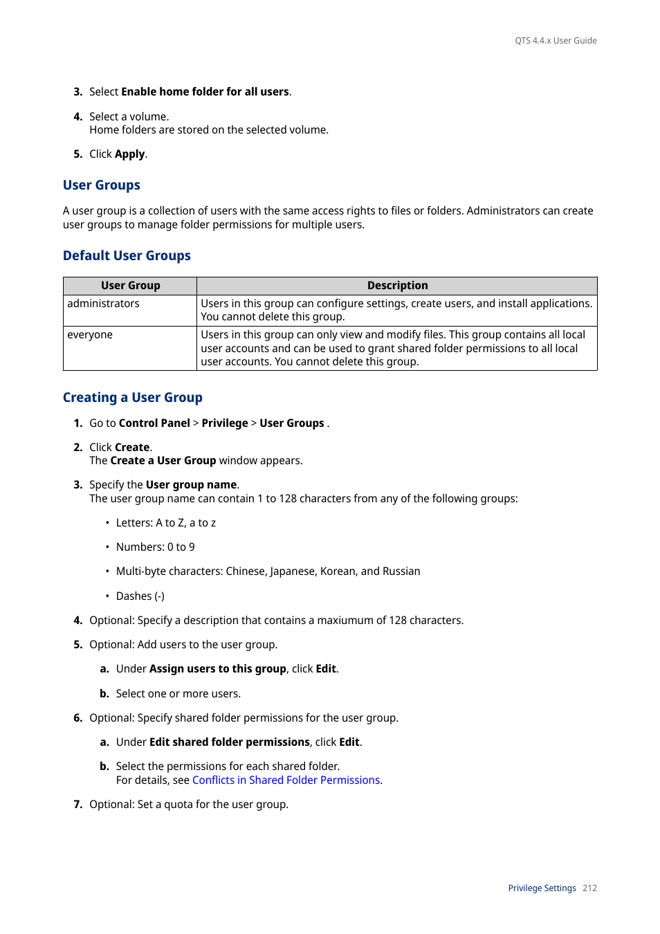 User groups, Default user groups, Creating a user group | QNAP TVS-472XT 4-Bay NAS Enclosure User Manual | Page 213 / 468