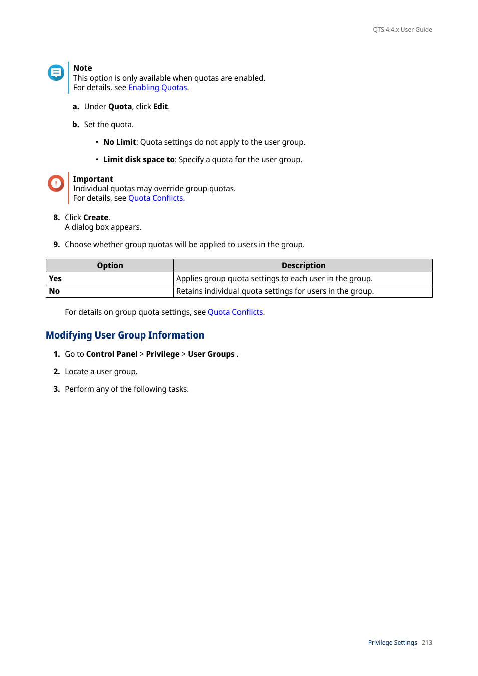 Modifying user group information | QNAP TVS-472XT 4-Bay NAS Enclosure User Manual | Page 214 / 468