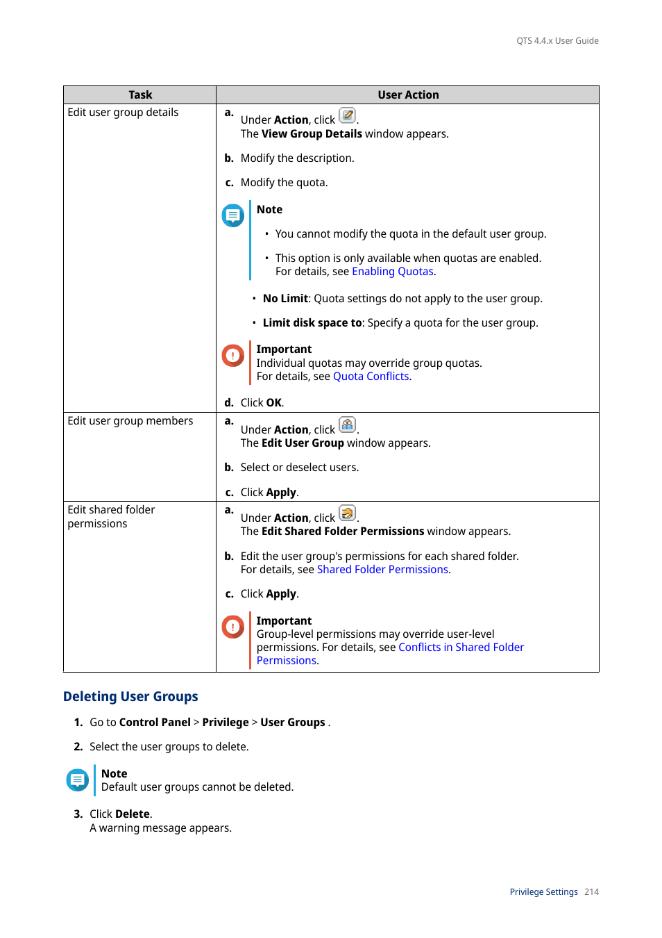 Deleting user groups | QNAP TVS-472XT 4-Bay NAS Enclosure User Manual | Page 215 / 468