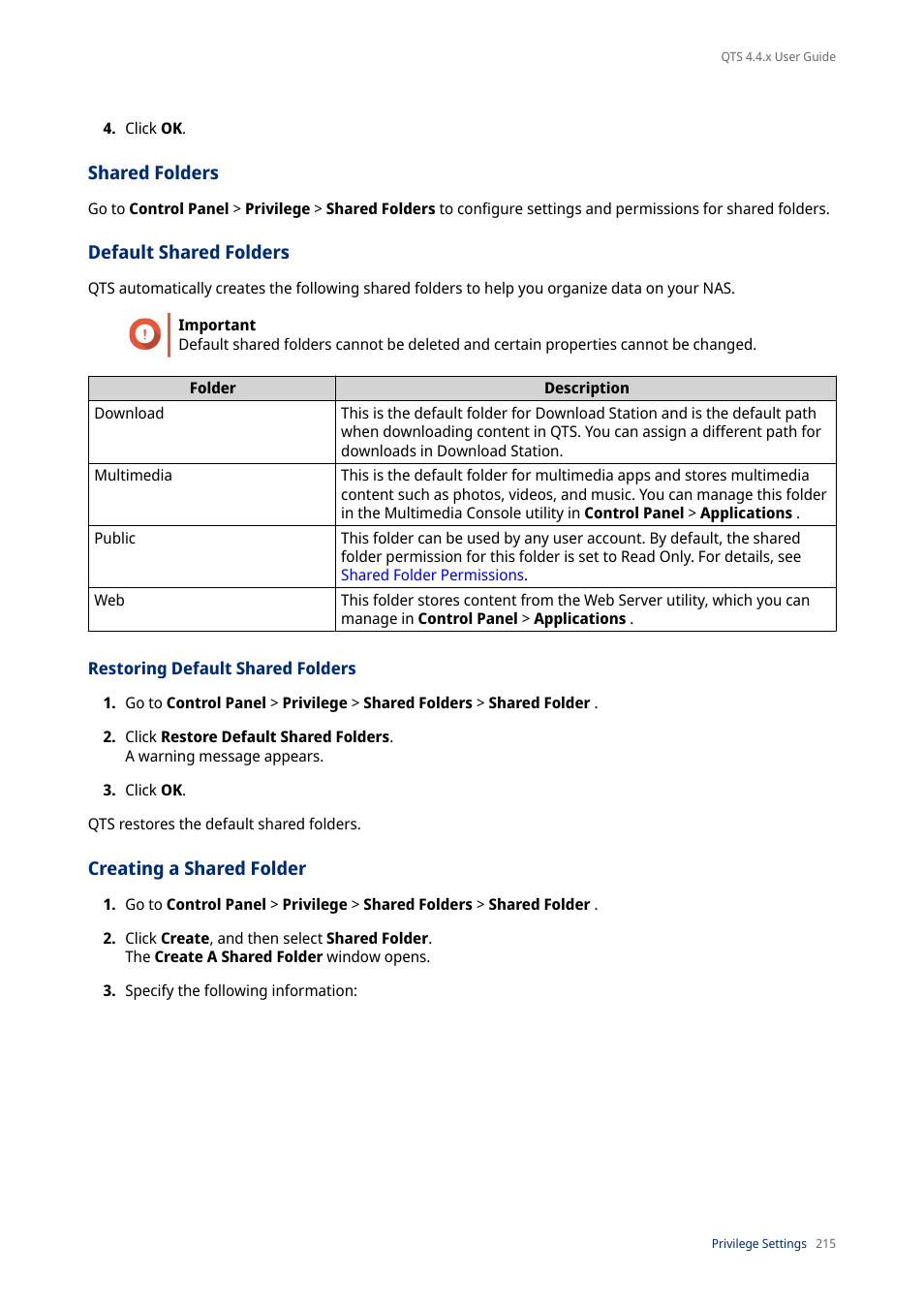 Shared folders, Default shared folders, Restoring default shared folders | Creating a shared folder | QNAP TVS-472XT 4-Bay NAS Enclosure User Manual | Page 216 / 468