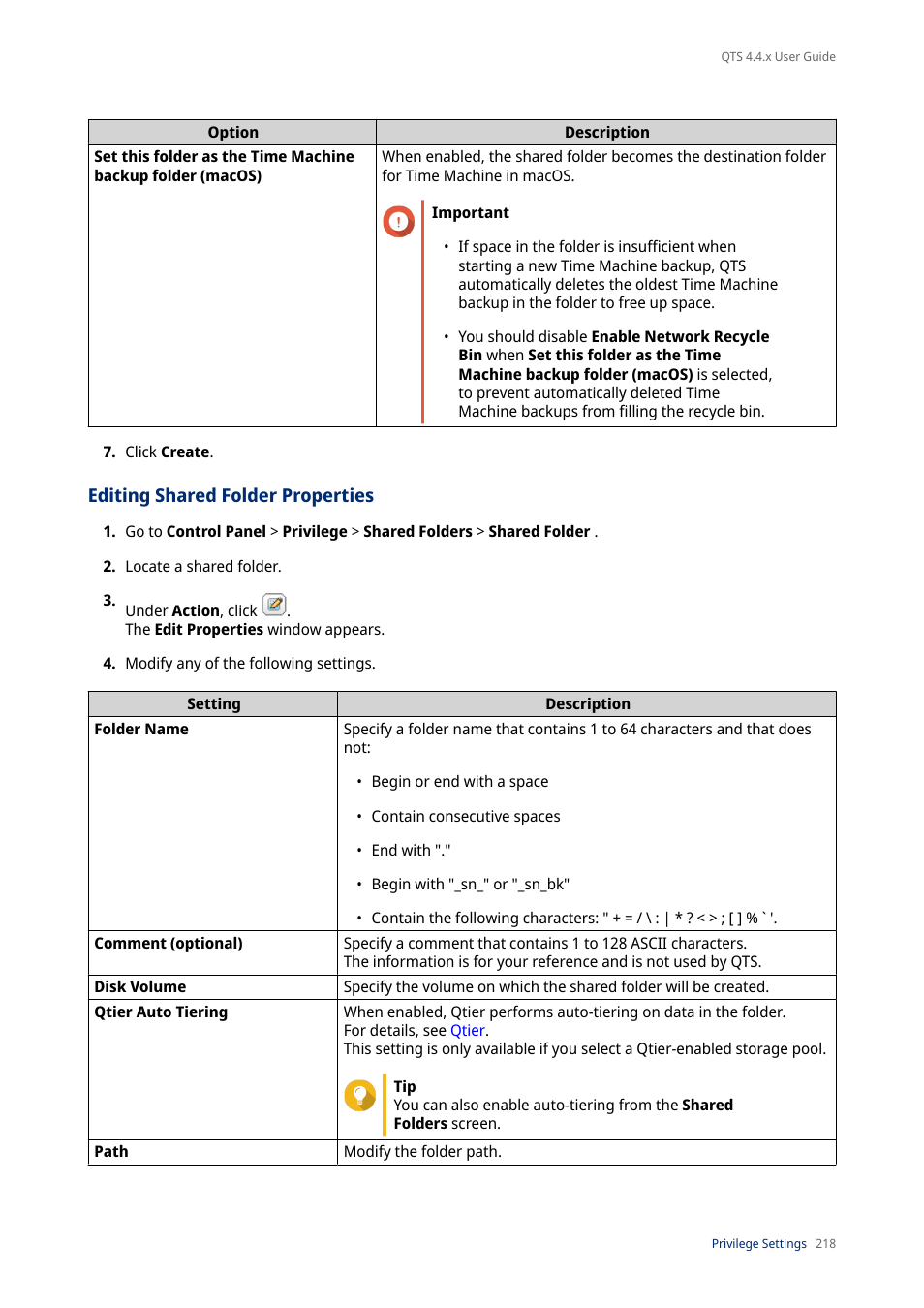 Editing shared folder properties | QNAP TVS-472XT 4-Bay NAS Enclosure User Manual | Page 219 / 468