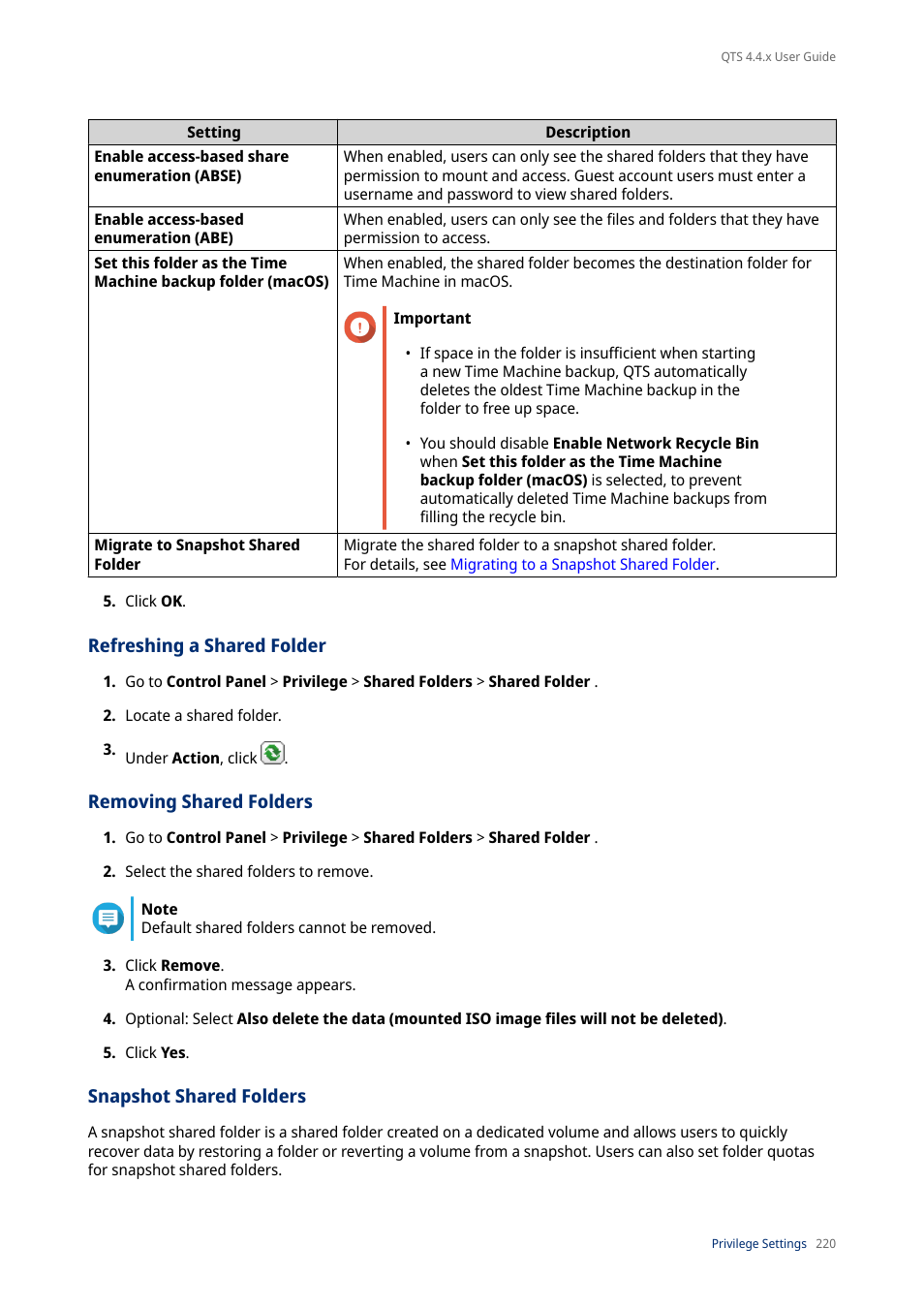 Refreshing a shared folder, Removing shared folders, Snapshot shared folders | QNAP TVS-472XT 4-Bay NAS Enclosure User Manual | Page 221 / 468