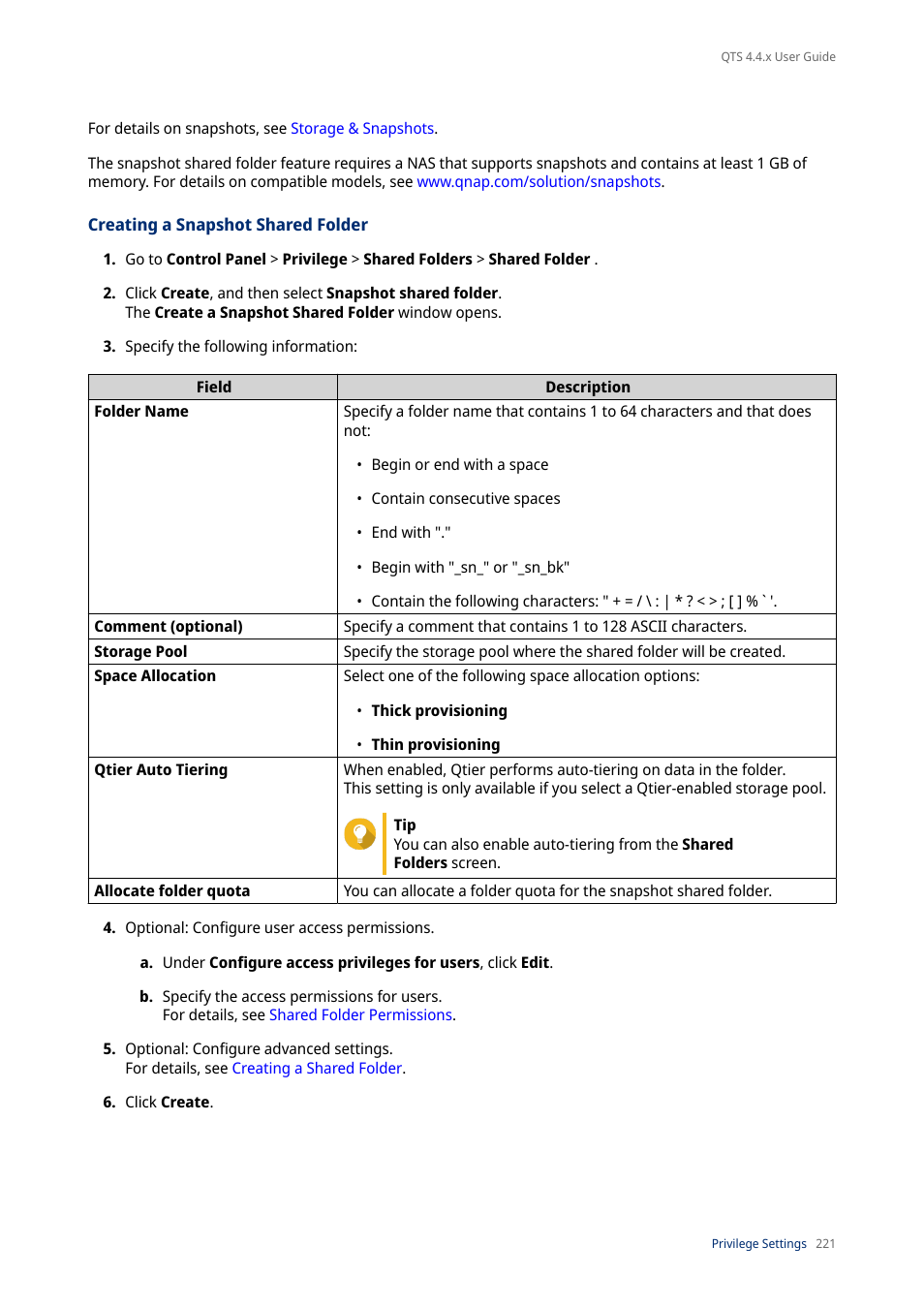 Creating a snapshot shared folder | QNAP TVS-472XT 4-Bay NAS Enclosure User Manual | Page 222 / 468