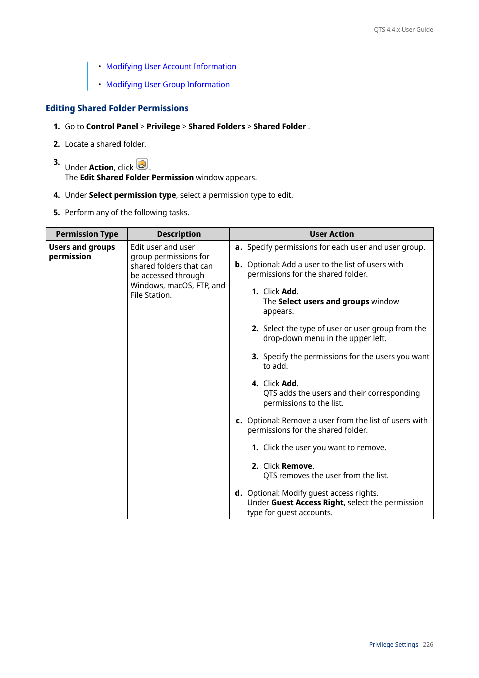 Editing shared folder permissions | QNAP TVS-472XT 4-Bay NAS Enclosure User Manual | Page 227 / 468