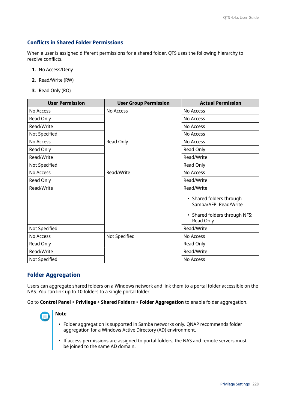 Conflicts in shared folder permissions, Folder aggregation, Permissions. for details, see | Conflicts in shared folder, Permissions | QNAP TVS-472XT 4-Bay NAS Enclosure User Manual | Page 229 / 468