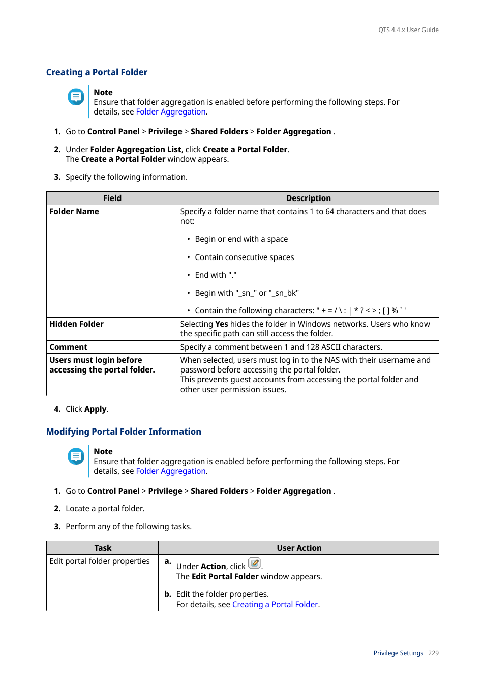 Creating a portal folder, Modifying portal folder information | QNAP TVS-472XT 4-Bay NAS Enclosure User Manual | Page 230 / 468