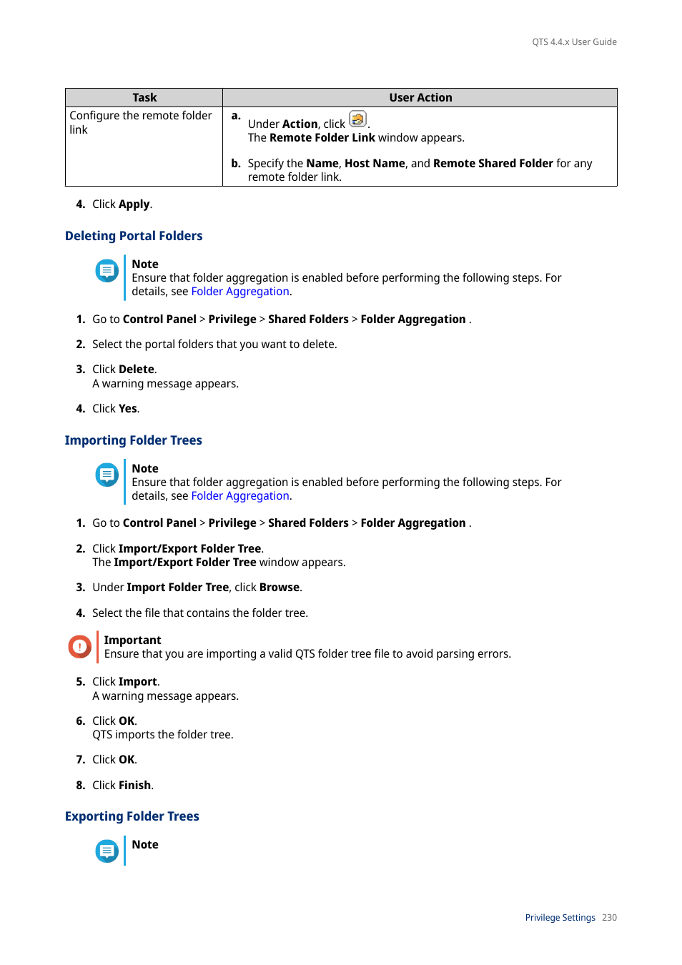 Deleting portal folders, Importing folder trees, Exporting folder trees | QNAP TVS-472XT 4-Bay NAS Enclosure User Manual | Page 231 / 468