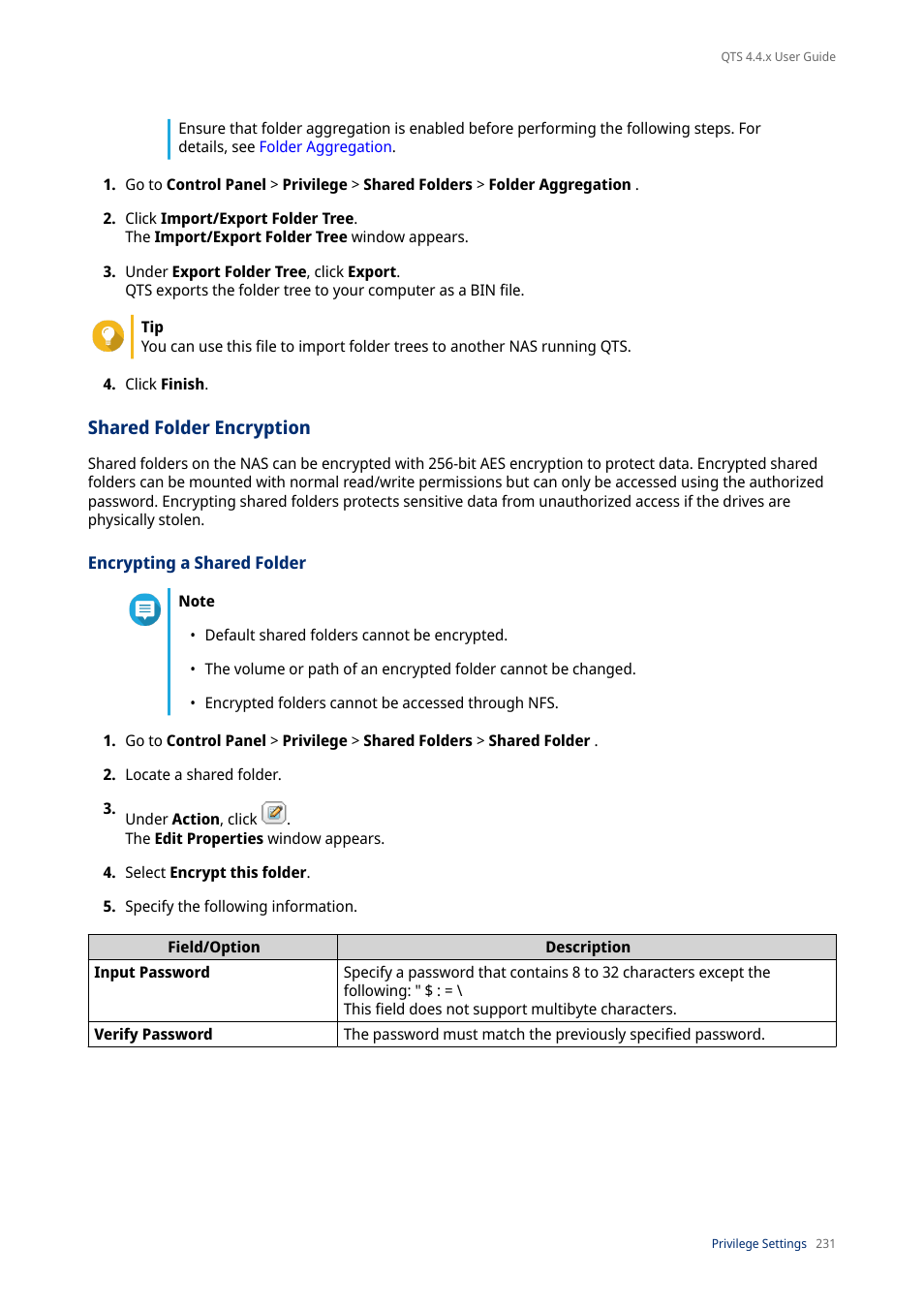 Shared folder encryption, Encrypting a shared folder | QNAP TVS-472XT 4-Bay NAS Enclosure User Manual | Page 232 / 468