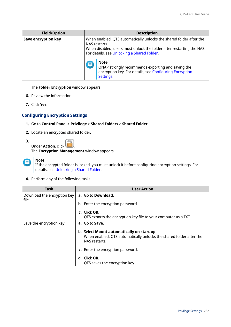 Configuring encryption settings | QNAP TVS-472XT 4-Bay NAS Enclosure User Manual | Page 233 / 468