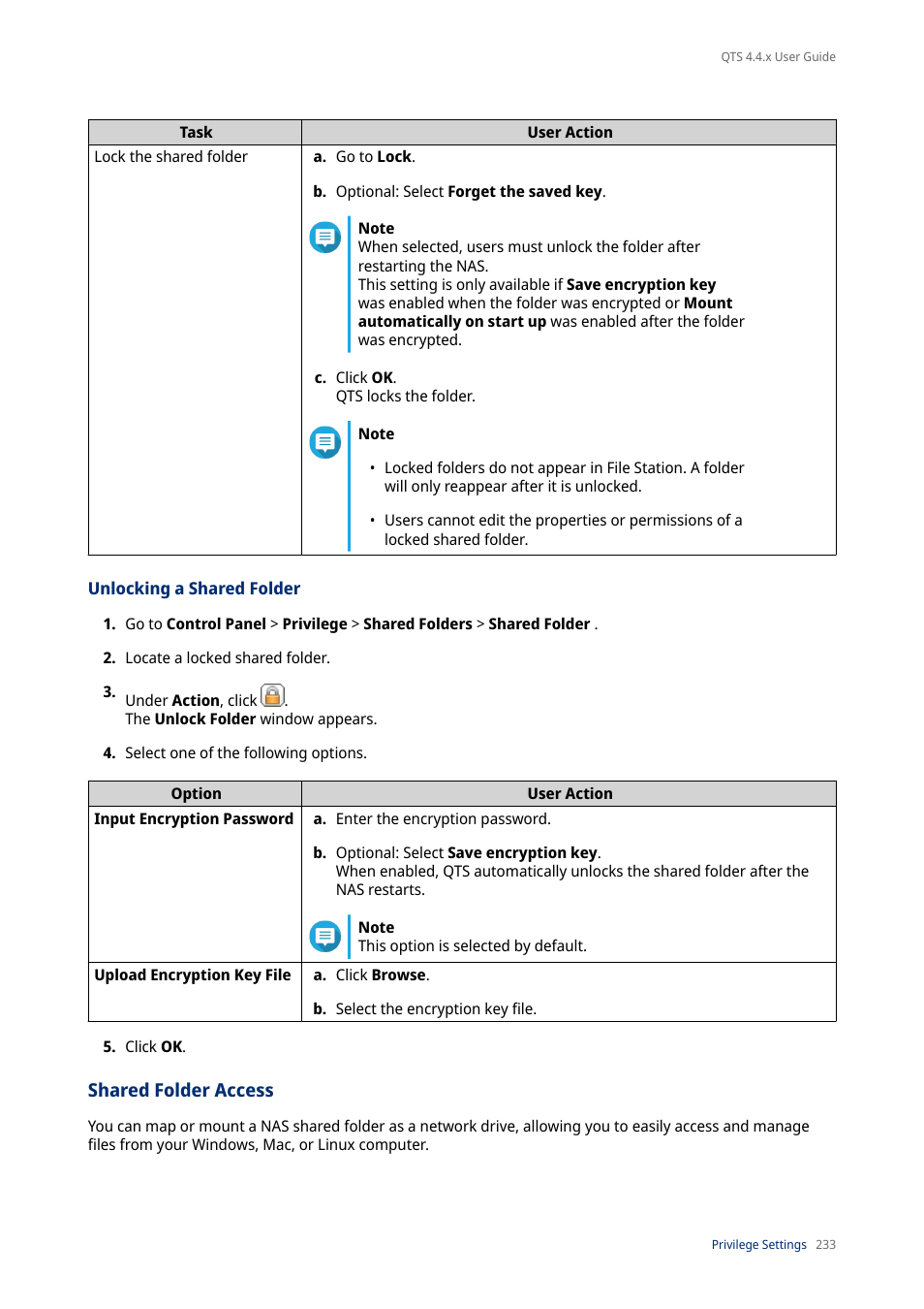 Unlocking a shared folder, Shared folder access, For details, see | Details, see | QNAP TVS-472XT 4-Bay NAS Enclosure User Manual | Page 234 / 468