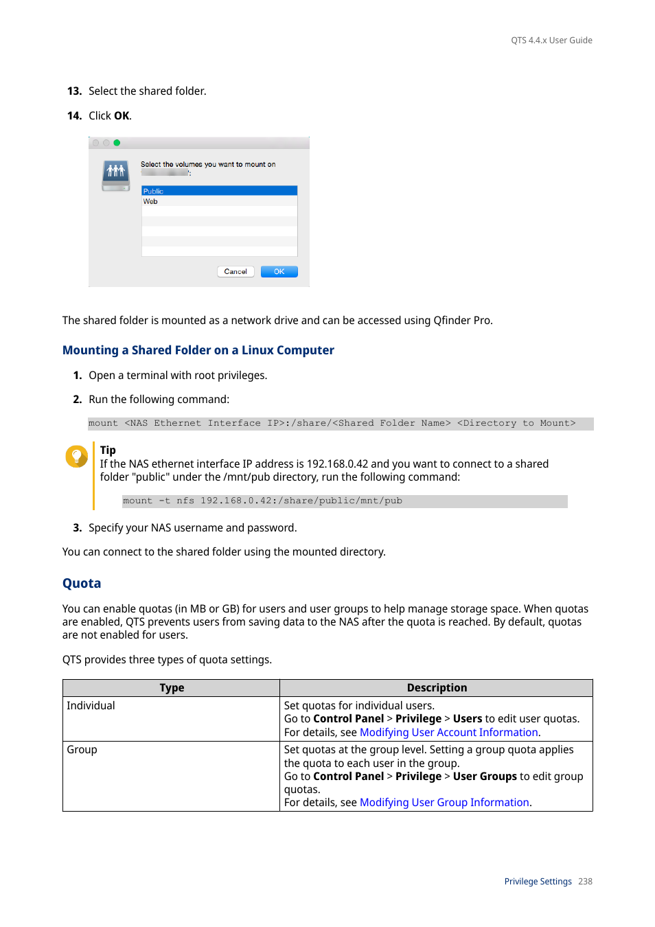 Mounting a shared folder on a linux computer, Quota | QNAP TVS-472XT 4-Bay NAS Enclosure User Manual | Page 239 / 468