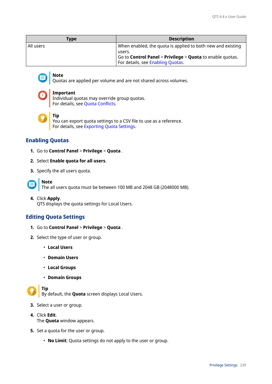 Enabling quotas, Editing quota settings, For details, see | QNAP TVS-472XT 4-Bay NAS Enclosure User Manual | Page 240 / 468