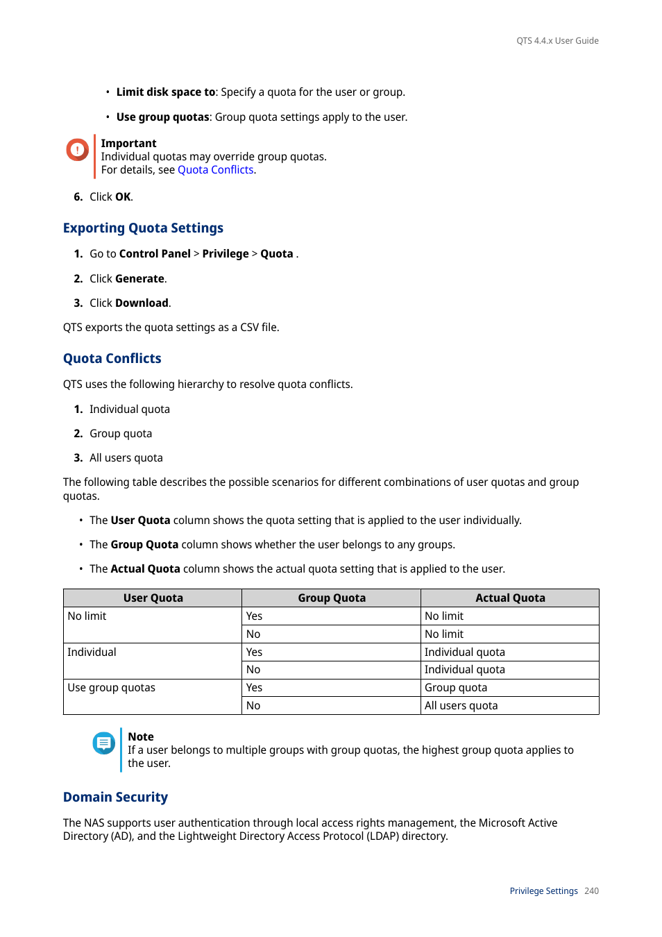 Exporting quota settings, Quota conflicts, Domain security | For details, see, Oup quota settings, see | QNAP TVS-472XT 4-Bay NAS Enclosure User Manual | Page 241 / 468