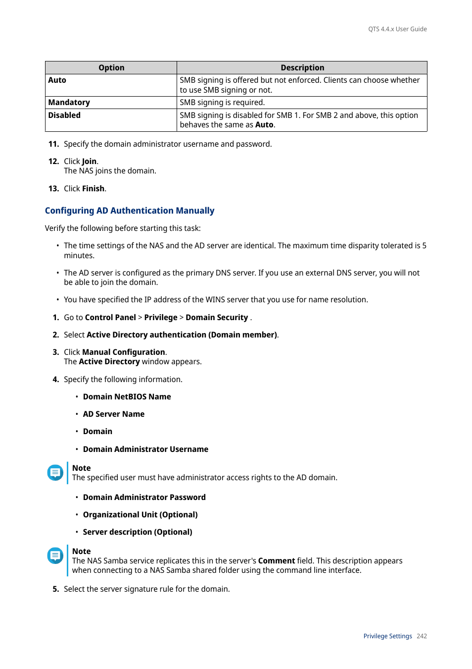 Configuring ad authentication manually | QNAP TVS-472XT 4-Bay NAS Enclosure User Manual | Page 243 / 468