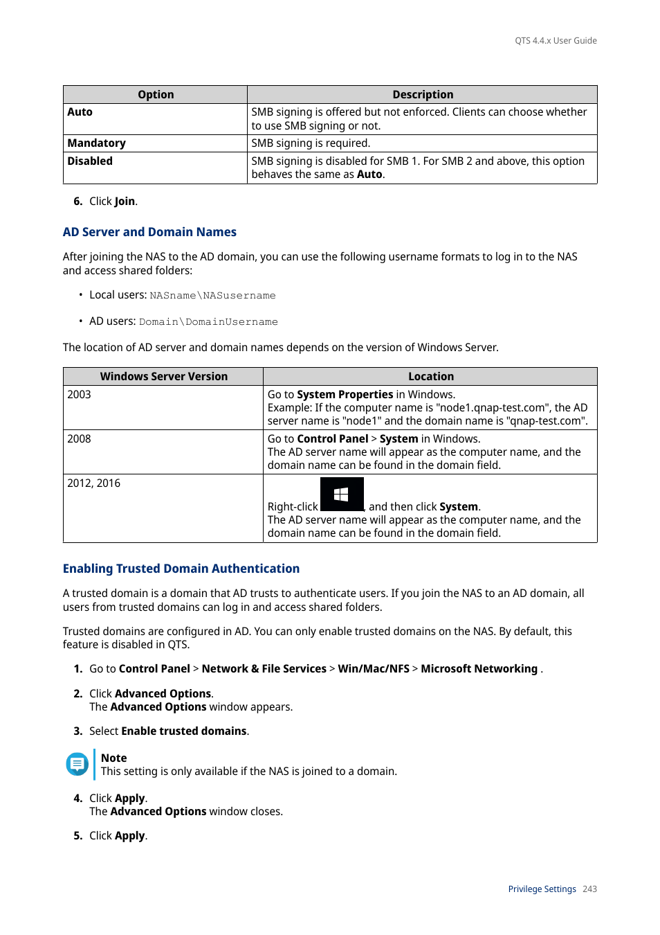 Ad server and domain names, Enabling trusted domain authentication | QNAP TVS-472XT 4-Bay NAS Enclosure User Manual | Page 244 / 468