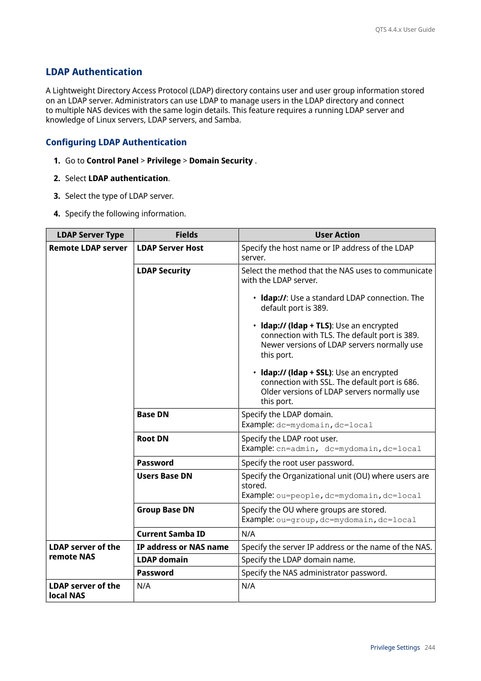 Ldap authentication, Configuring ldap authentication | QNAP TVS-472XT 4-Bay NAS Enclosure User Manual | Page 245 / 468