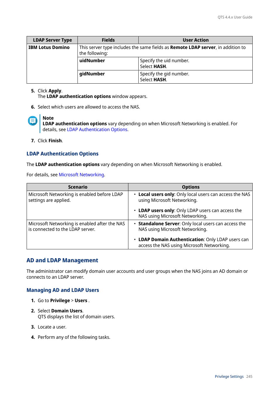 Ldap authentication options, Ad and ldap management, Managing ad and ldap users | QNAP TVS-472XT 4-Bay NAS Enclosure User Manual | Page 246 / 468
