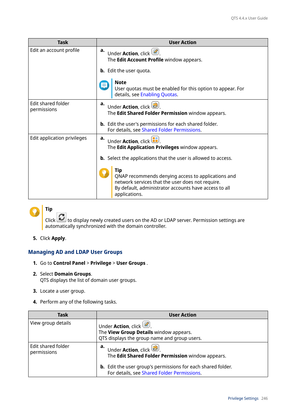Managing ad and ldap user groups | QNAP TVS-472XT 4-Bay NAS Enclosure User Manual | Page 247 / 468