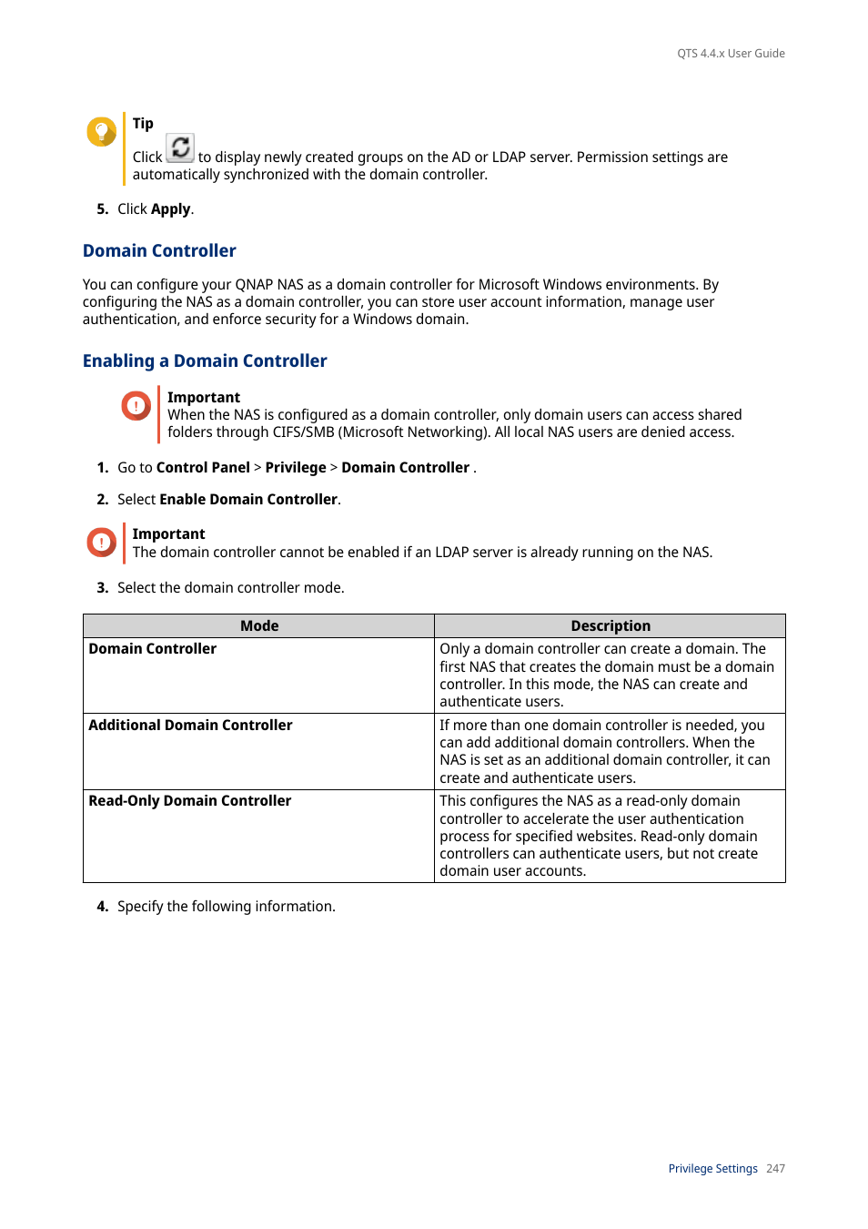 Domain controller, Enabling a domain controller, Details, see | QNAP TVS-472XT 4-Bay NAS Enclosure User Manual | Page 248 / 468