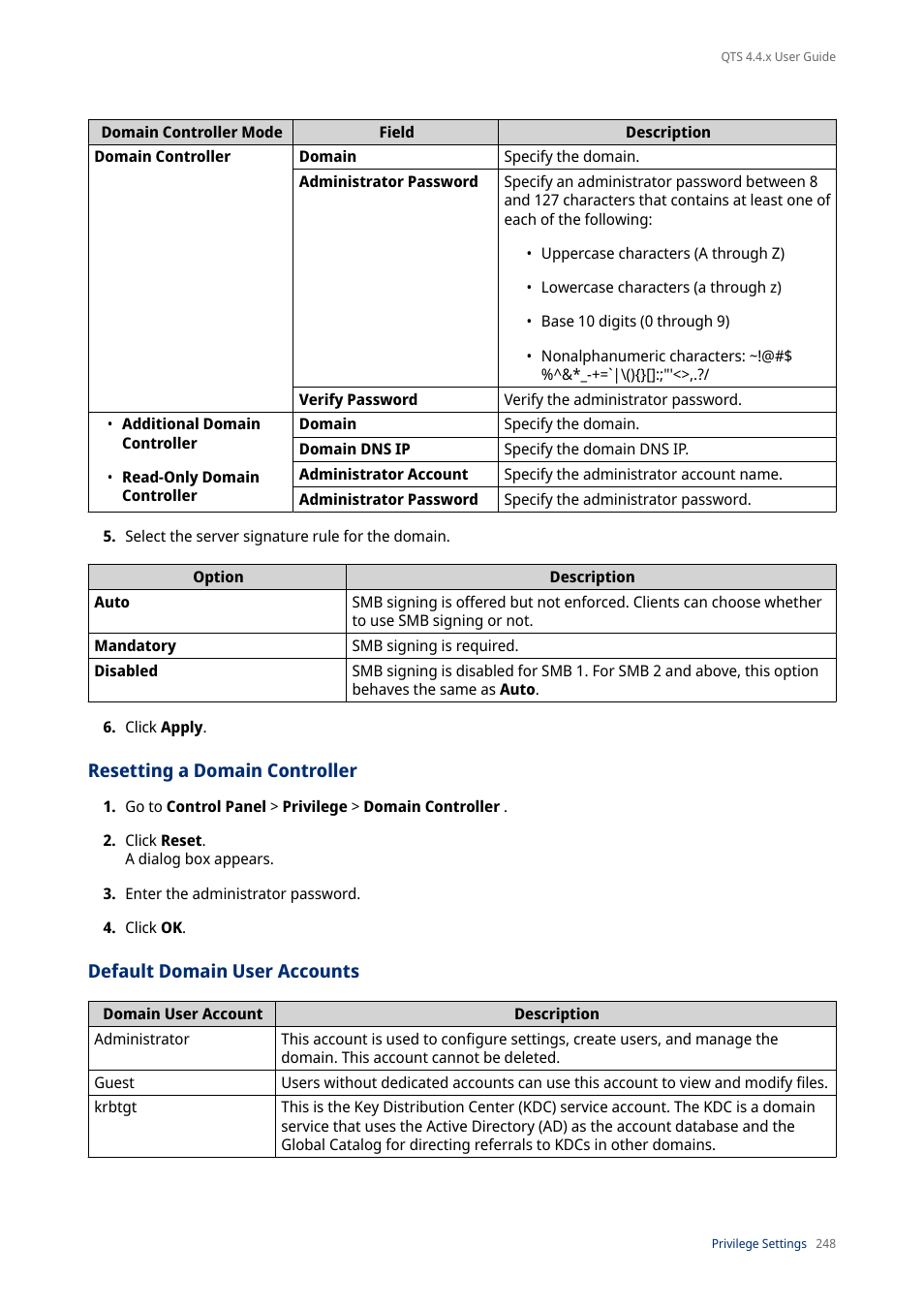 Resetting a domain controller, Default domain user accounts | QNAP TVS-472XT 4-Bay NAS Enclosure User Manual | Page 249 / 468