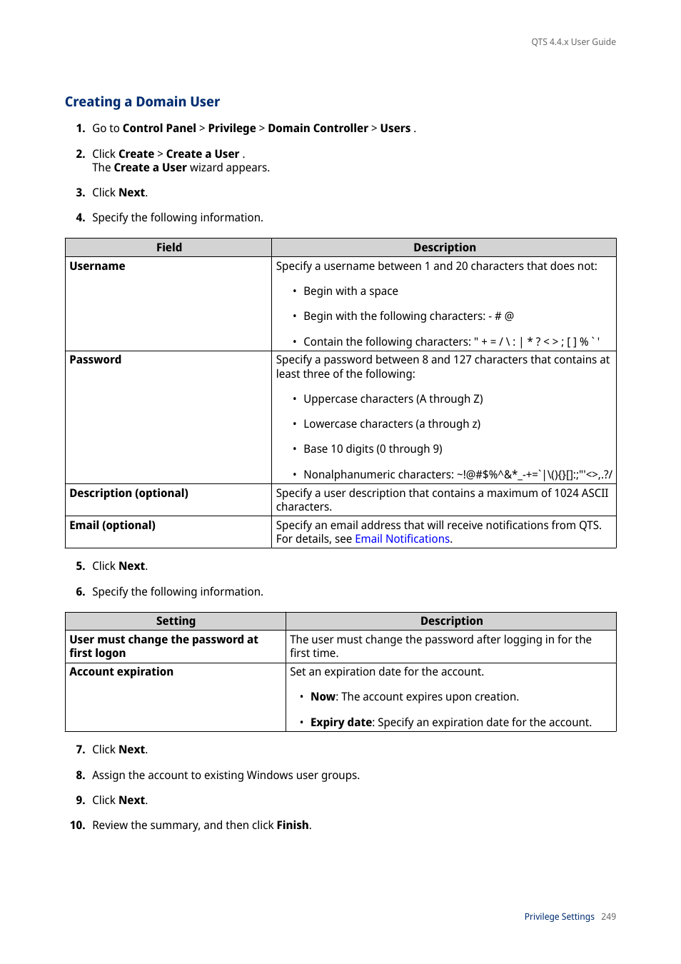 Creating a domain user | QNAP TVS-472XT 4-Bay NAS Enclosure User Manual | Page 250 / 468