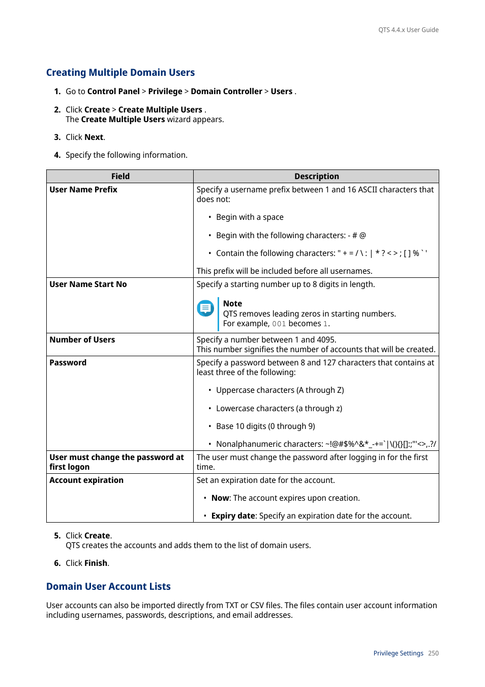 Creating multiple domain users, Domain user account lists | QNAP TVS-472XT 4-Bay NAS Enclosure User Manual | Page 251 / 468