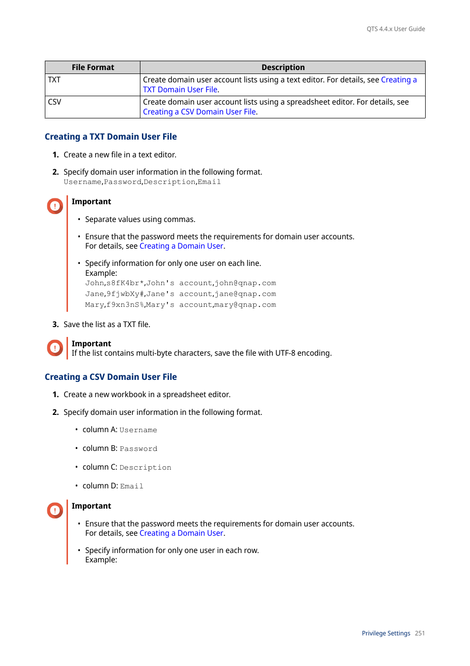 Creating a txt domain user file, Creating a csv domain user file | QNAP TVS-472XT 4-Bay NAS Enclosure User Manual | Page 252 / 468