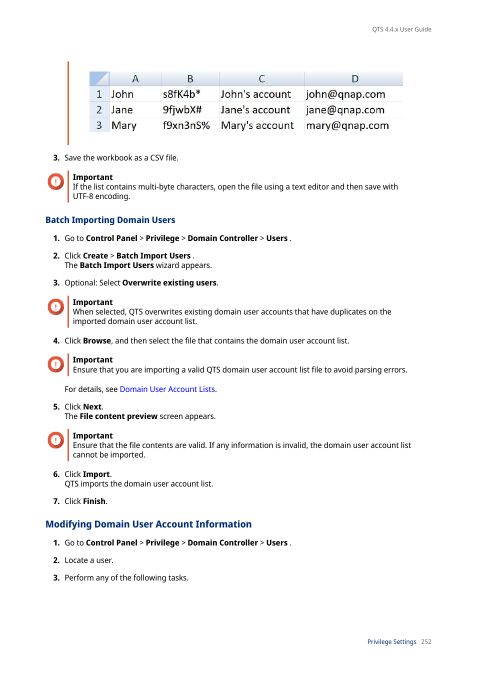 Batch importing domain users, Modifying domain user account information | QNAP TVS-472XT 4-Bay NAS Enclosure User Manual | Page 253 / 468