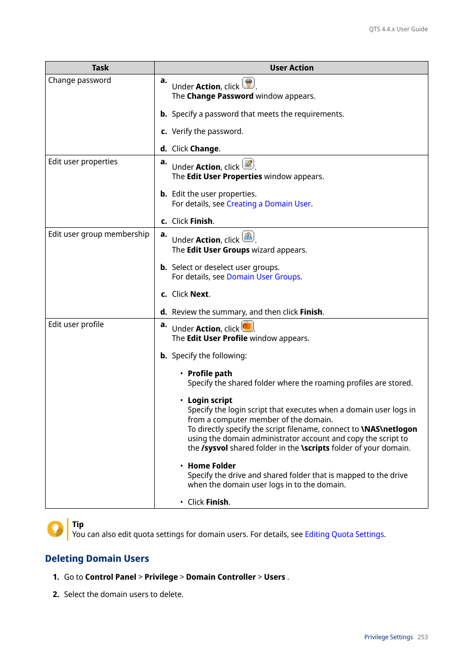 Deleting domain users | QNAP TVS-472XT 4-Bay NAS Enclosure User Manual | Page 254 / 468