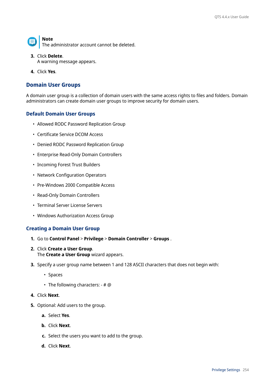 Domain user groups, Default domain user groups, Creating a domain user group | For details, see | QNAP TVS-472XT 4-Bay NAS Enclosure User Manual | Page 255 / 468